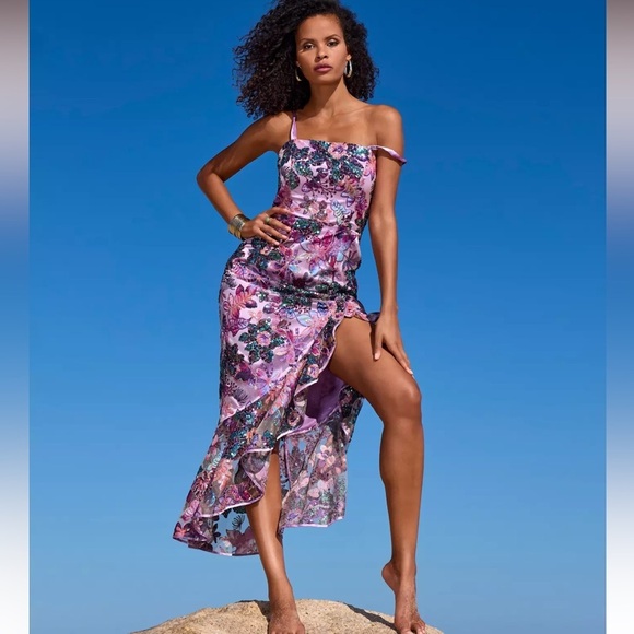 Boston Proper Embroidered Sequin Mesh Ruffle Slit Midi Dress Purple Multi Sz 4 - Picture 3 of 12